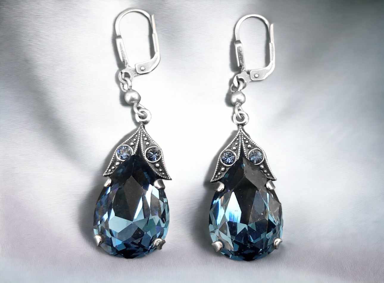 Ohrhänger Barock Tropfen Silber mit blauen Steinen Kristall Ohrringe Denim Blue