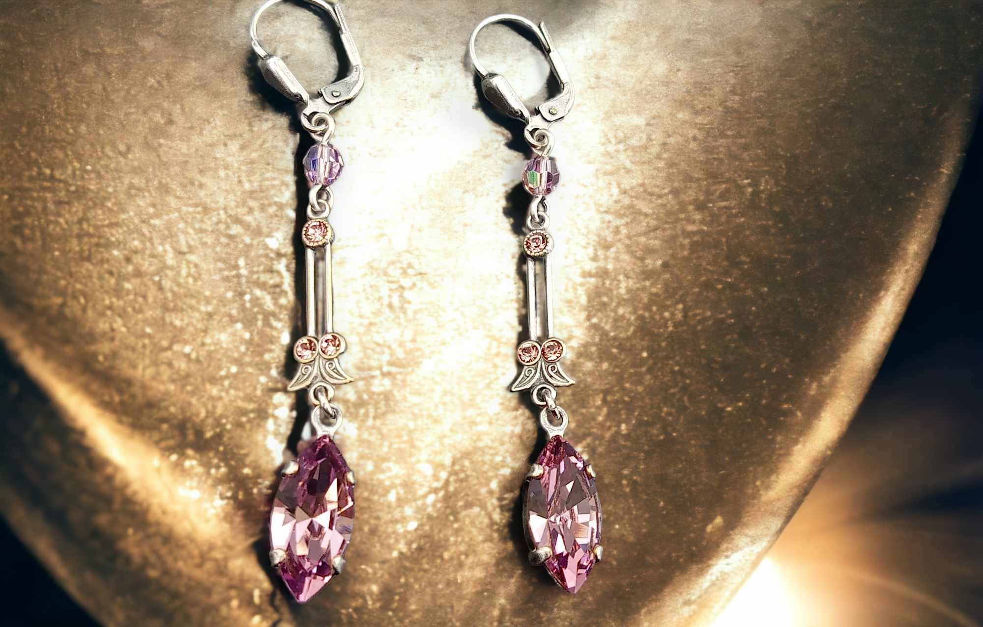 Filigrane Ohrringe silber mit rosa Steinen Kristall Ohrhänger Antique Pink Art Déco