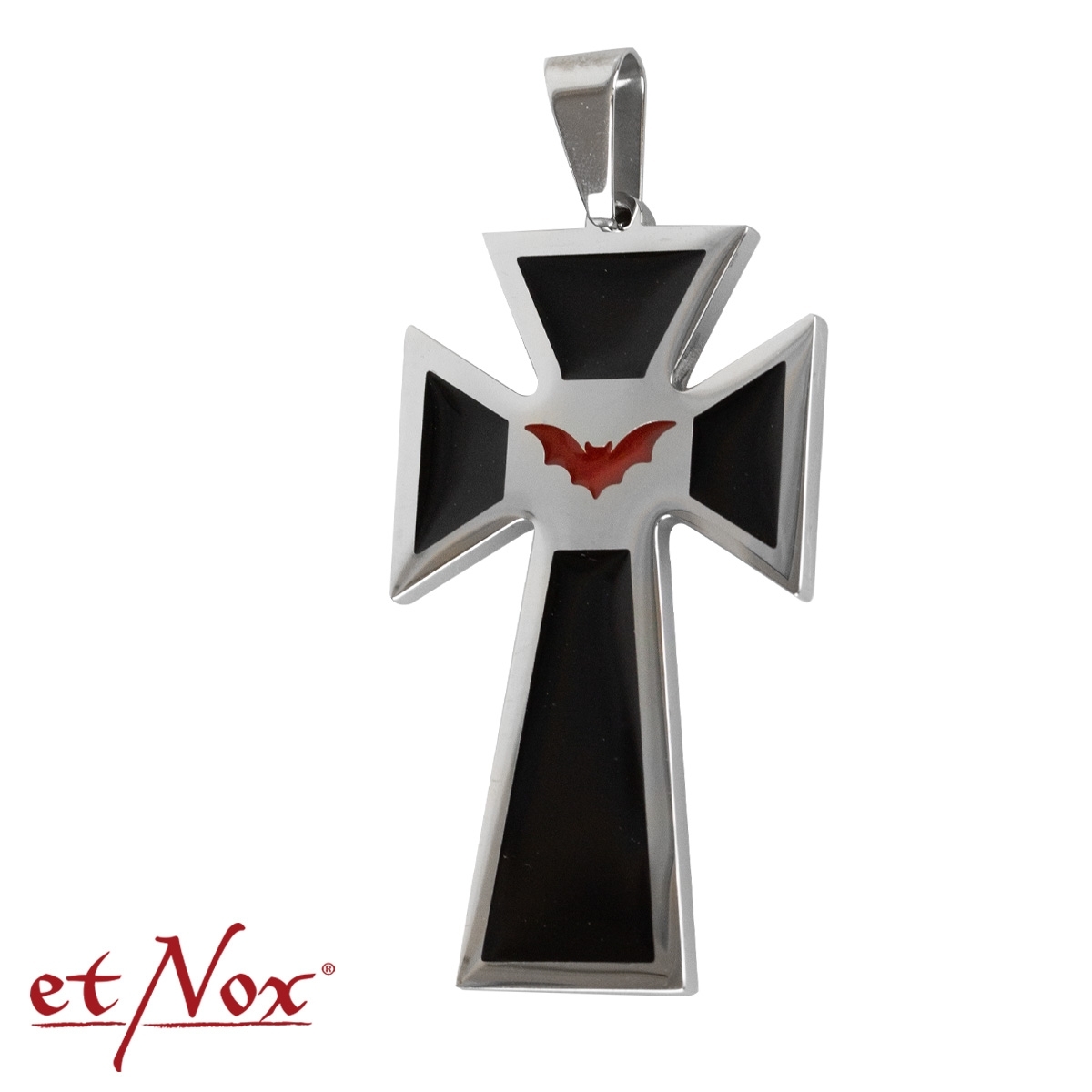 Kreuz aus Edelstahl mit schwarzen Feldern und roter Fledermaus