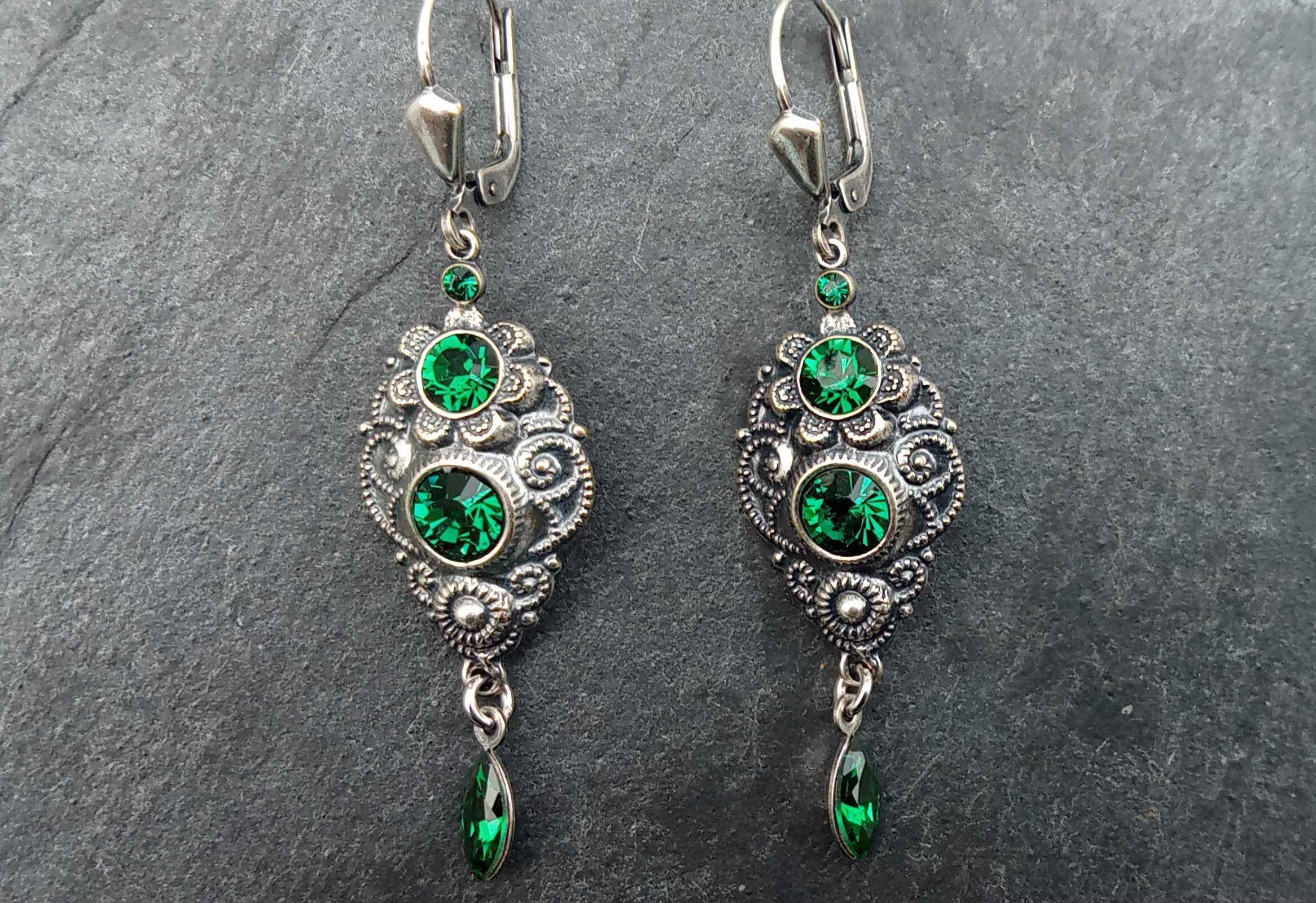 Vintage Ohrringe Emerald silber mit grünem Kristallglas Ohrhänger Tombak versilbert