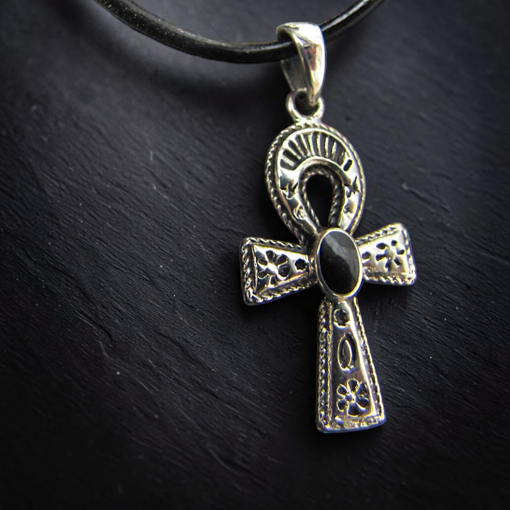 Ankh Anhänger 925 Silber mit schwarzem Stein Onyx Henkelkreuz