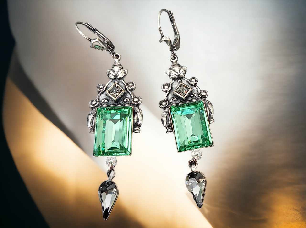 Art Déco Ohrringe silber mit grünen und grauen Steinen Kristall Ohrhänger Erinte  Vintage Ohrringe silber mit grünen und grauen Steinen Kristall Ohrhänger Erinte Vintage