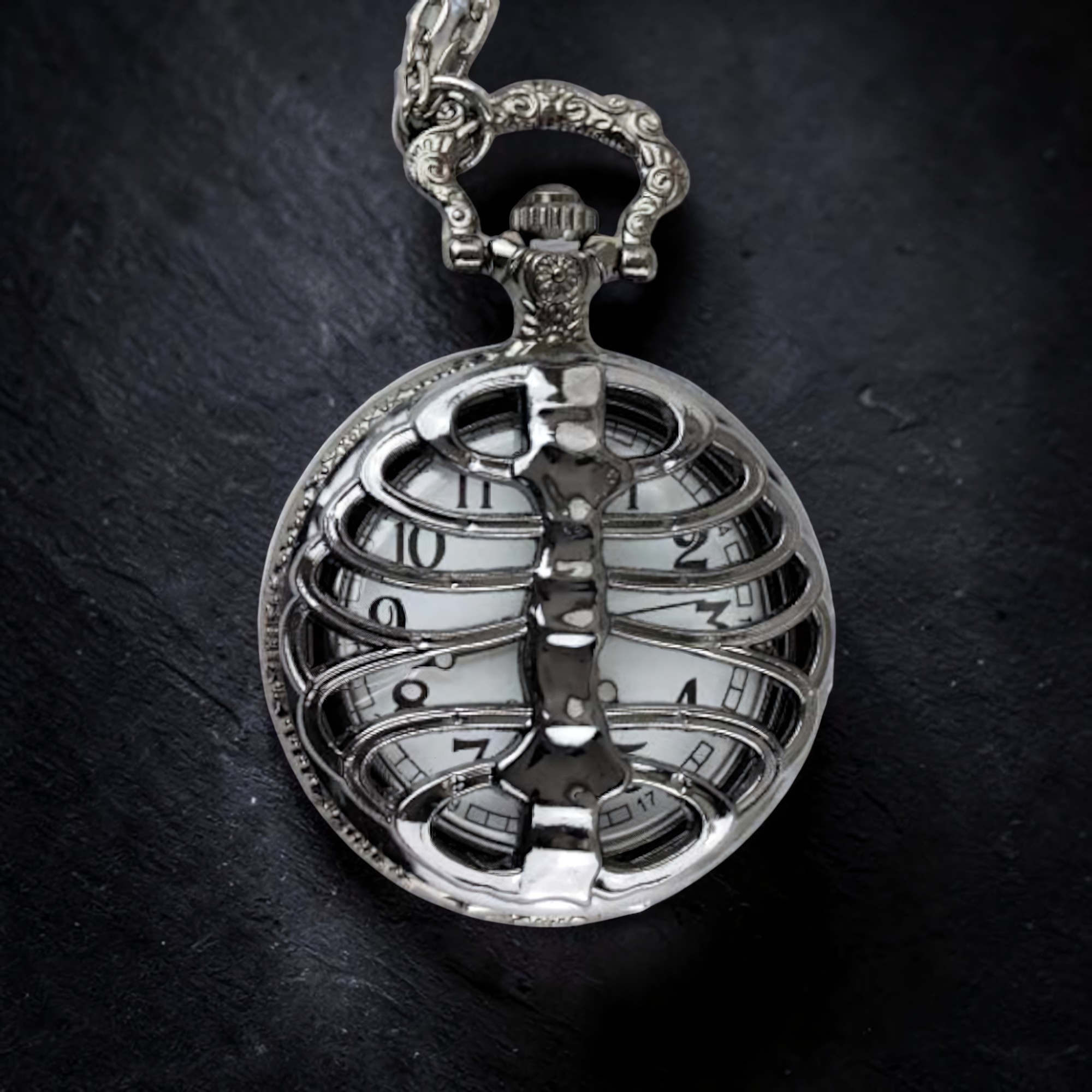 Kettenuhr Gothic Skelett Taschenuhr mit Kette - Zinklegierung silbern