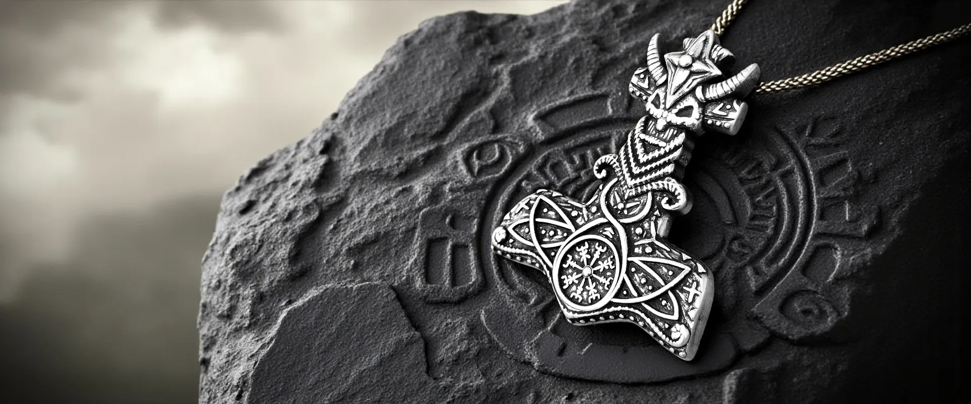 Thors Hammer Anhänger Mjölnir in Silber auf einem schwarzen Fels
