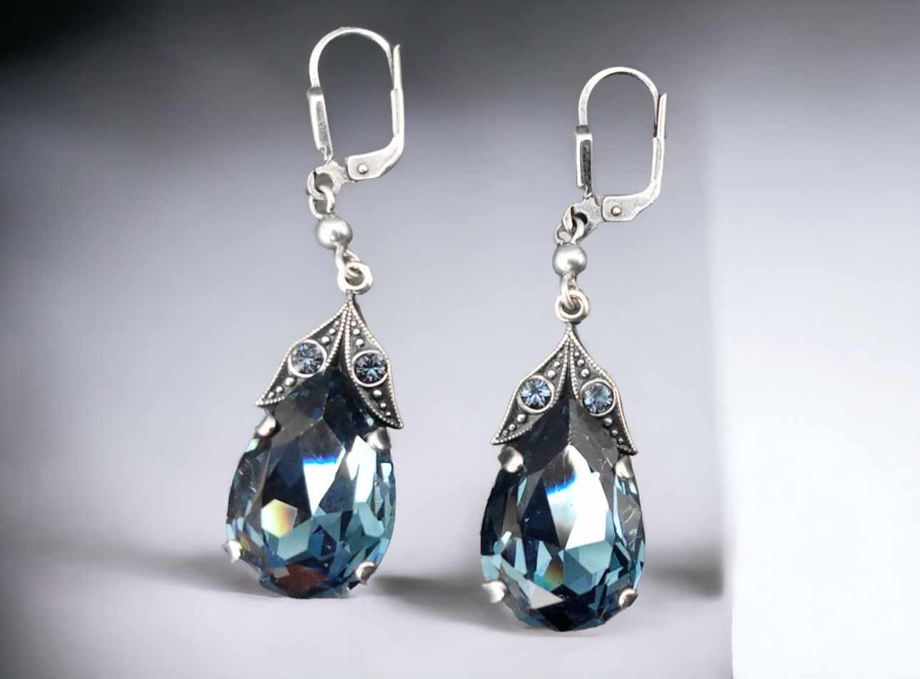 Ohrringe Tropfen Silber mit blauen Steinen Kristall Ohrringe Denim Blue