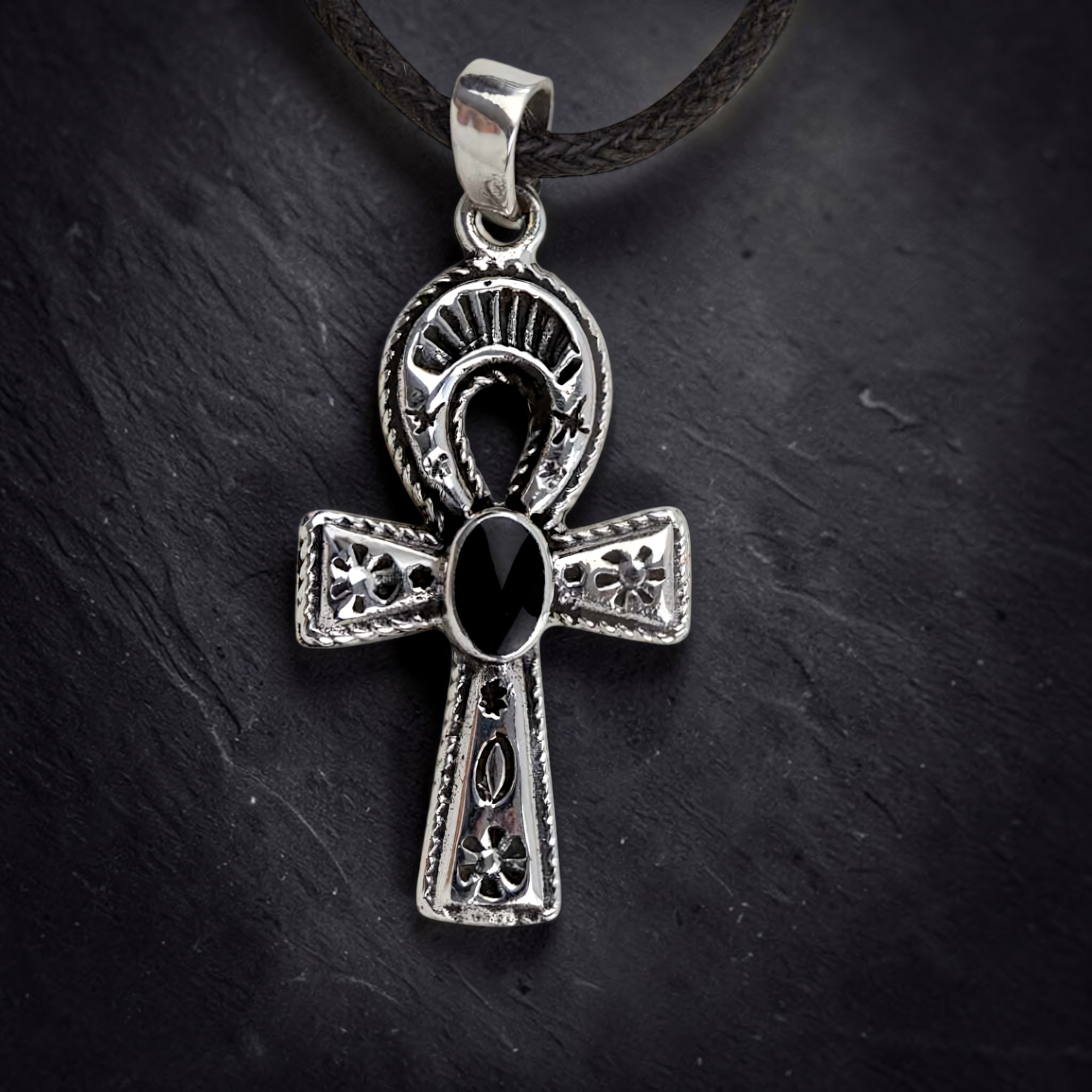 Ankh Anhänger 925 Silber mit schwarzem Stein Onyx Henkelkreuz