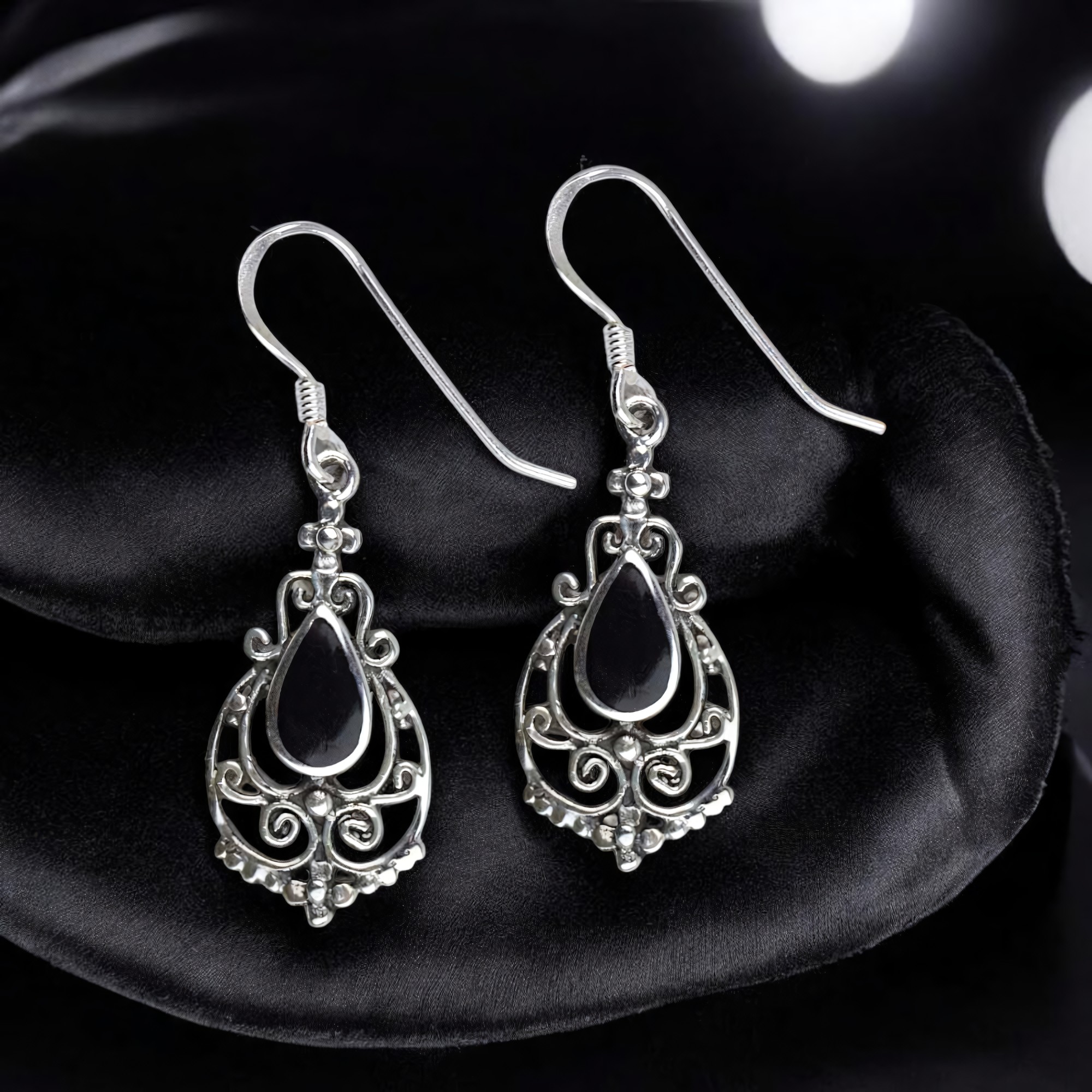 Ohrringe Gothic Ornament Silber mit schwarzen Stein aus Onyx Vintage Ohrhänger