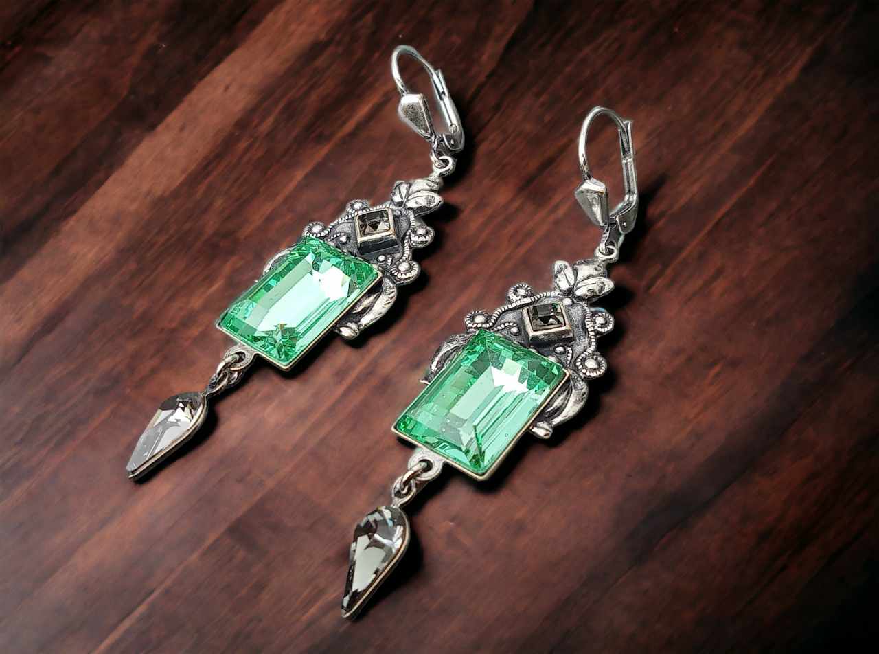 Art Déco Ohrringe silber mit grünen und grauen Steinen Kristall Ohrhänger Vintage Erinte