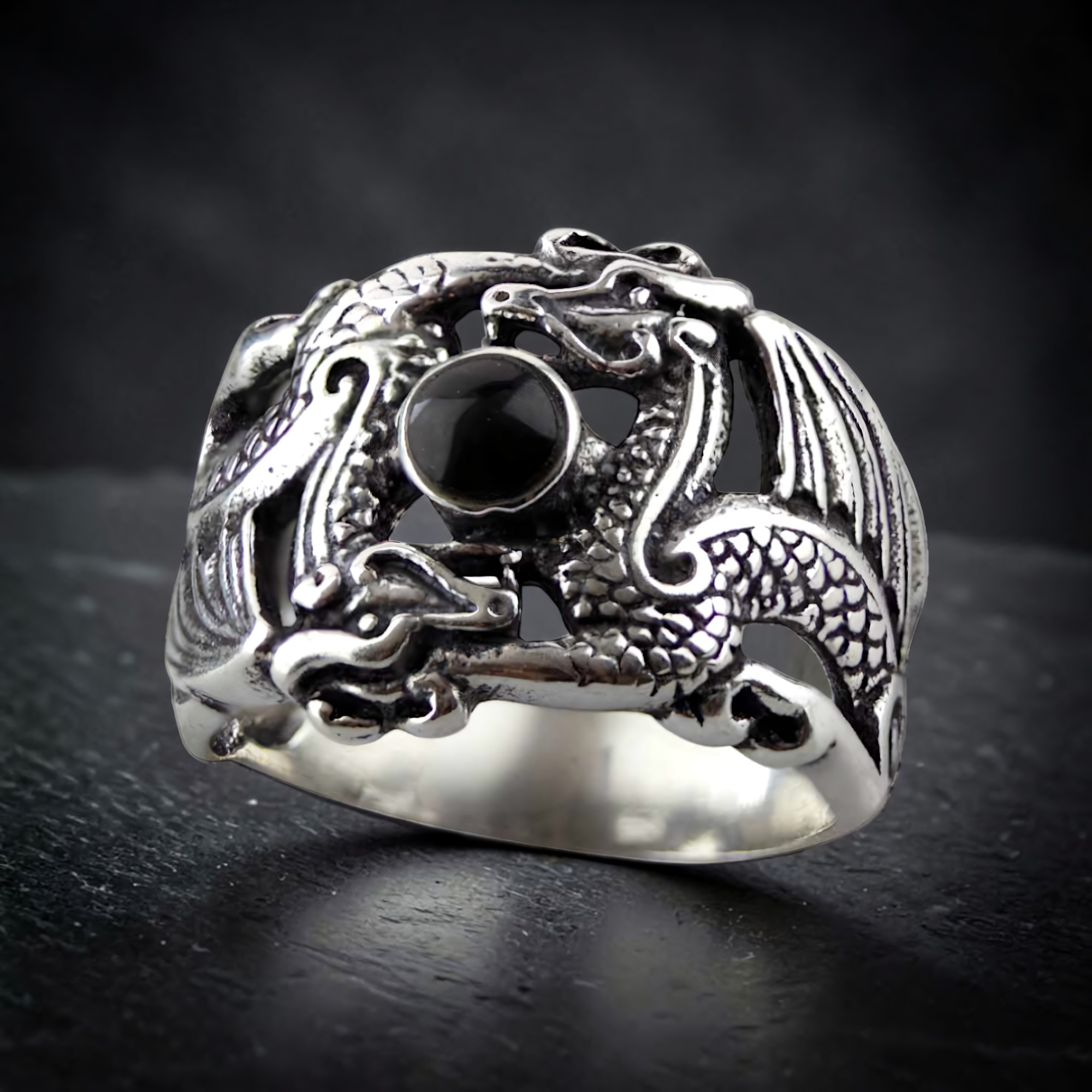 Drachen Ring 925 Silber mit schwarzem Stein Onyx Double Dragon