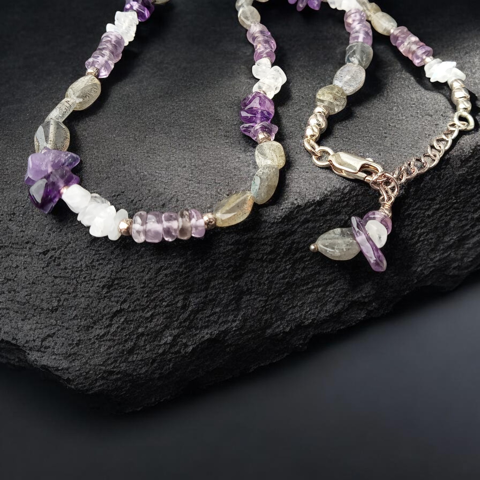 Kette mit Labradorit und Amethyst aus 925 Sterling Silber