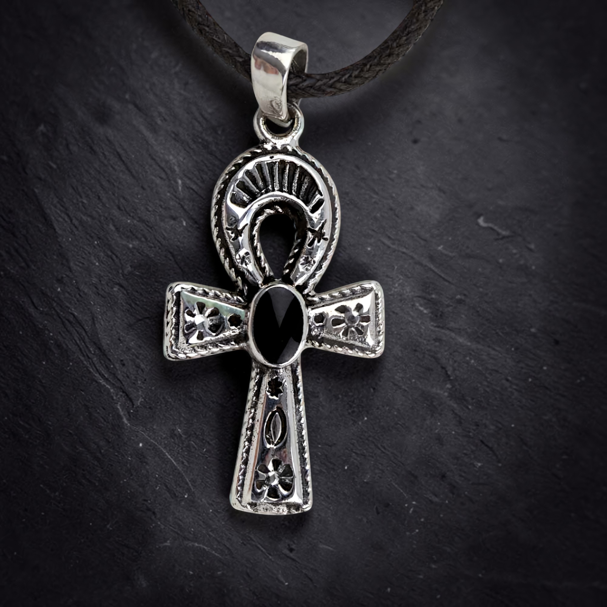 Anhänger Ankh aus 925 Sterling Silber mit schwarzem Onyx
