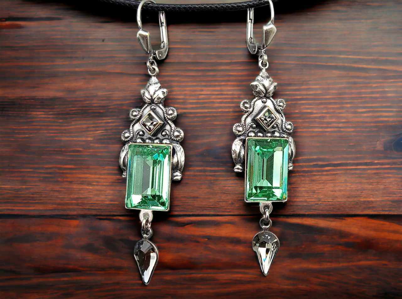 Vintage Ohrringe silber mit grünen und grauen Steinen Kristall Ohrhänger Erinte