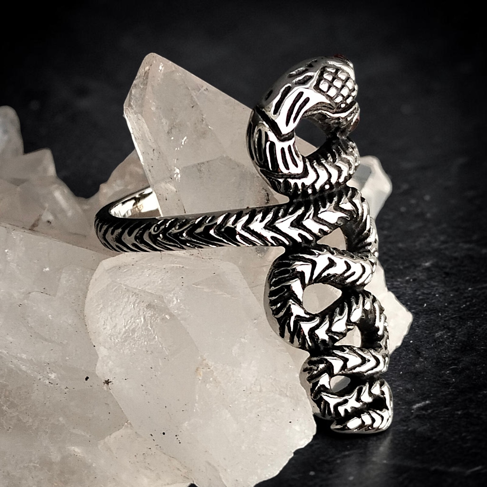 Ring Große Schlange aus Edelstahl, silberfarben mit Zirkonia, 31 mm breit