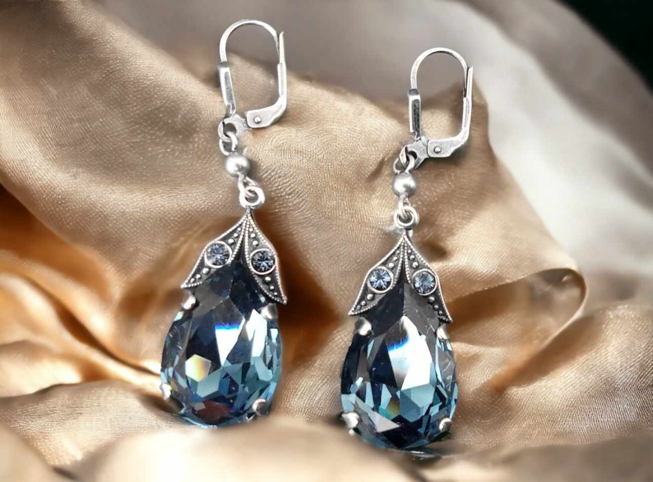 Ohrhänger Barock Tropfen Silber mit blauen Steinen Kristall Ohrringe Denim Blue