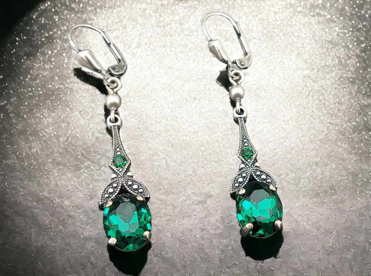 Art Deco Ohrringe silber grüner Stein Kristall Ohrhänger Emerald Vintage