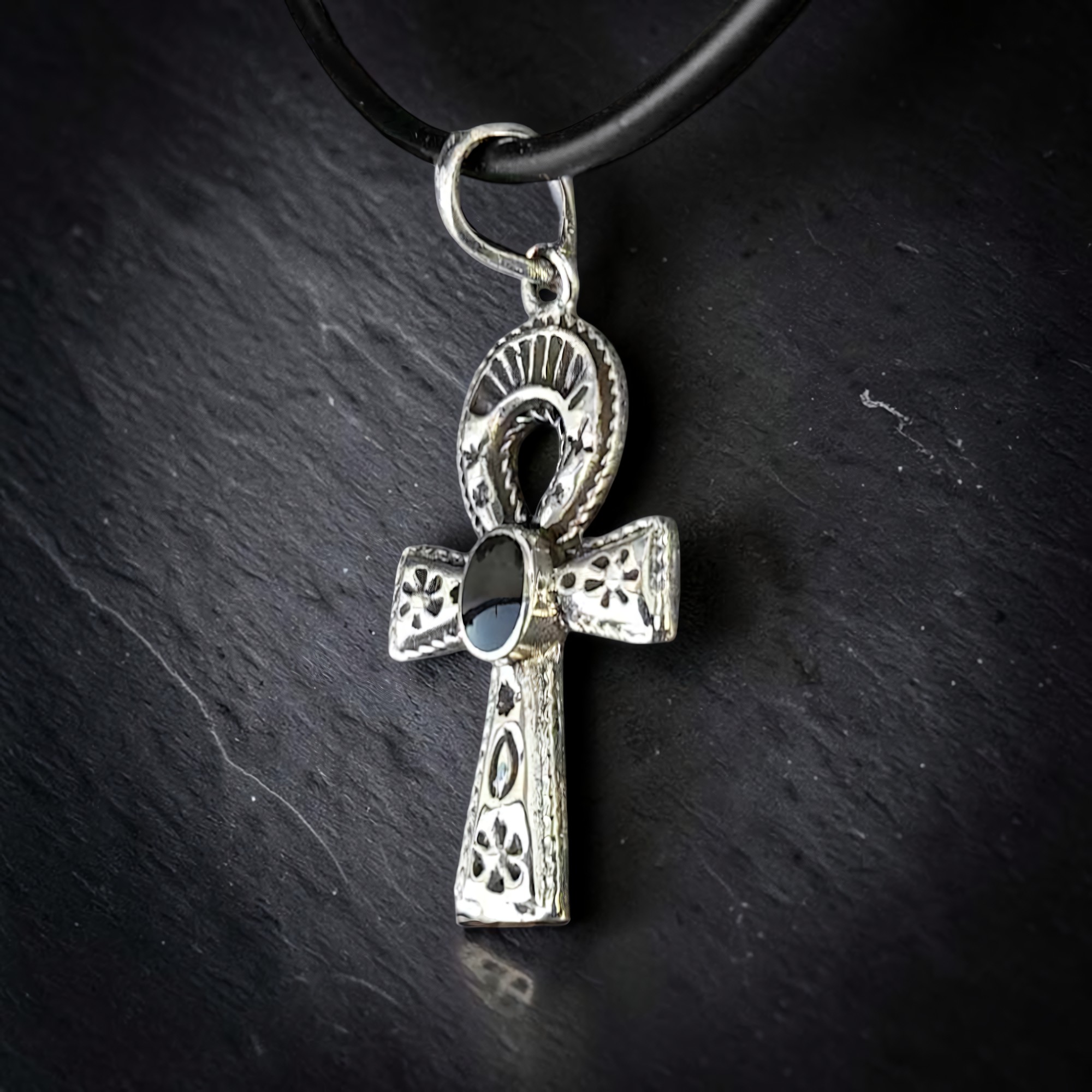 Ankh Anhänger 925 Silber mit schwarzem Stein Onyx Henkelkreuz