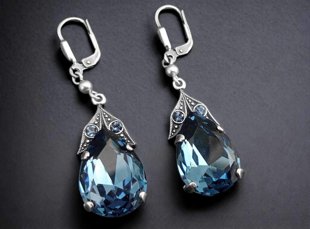Ohrringe Tropfen Silber mit blauen Steinen Kristall Ohrringe Denim Blue