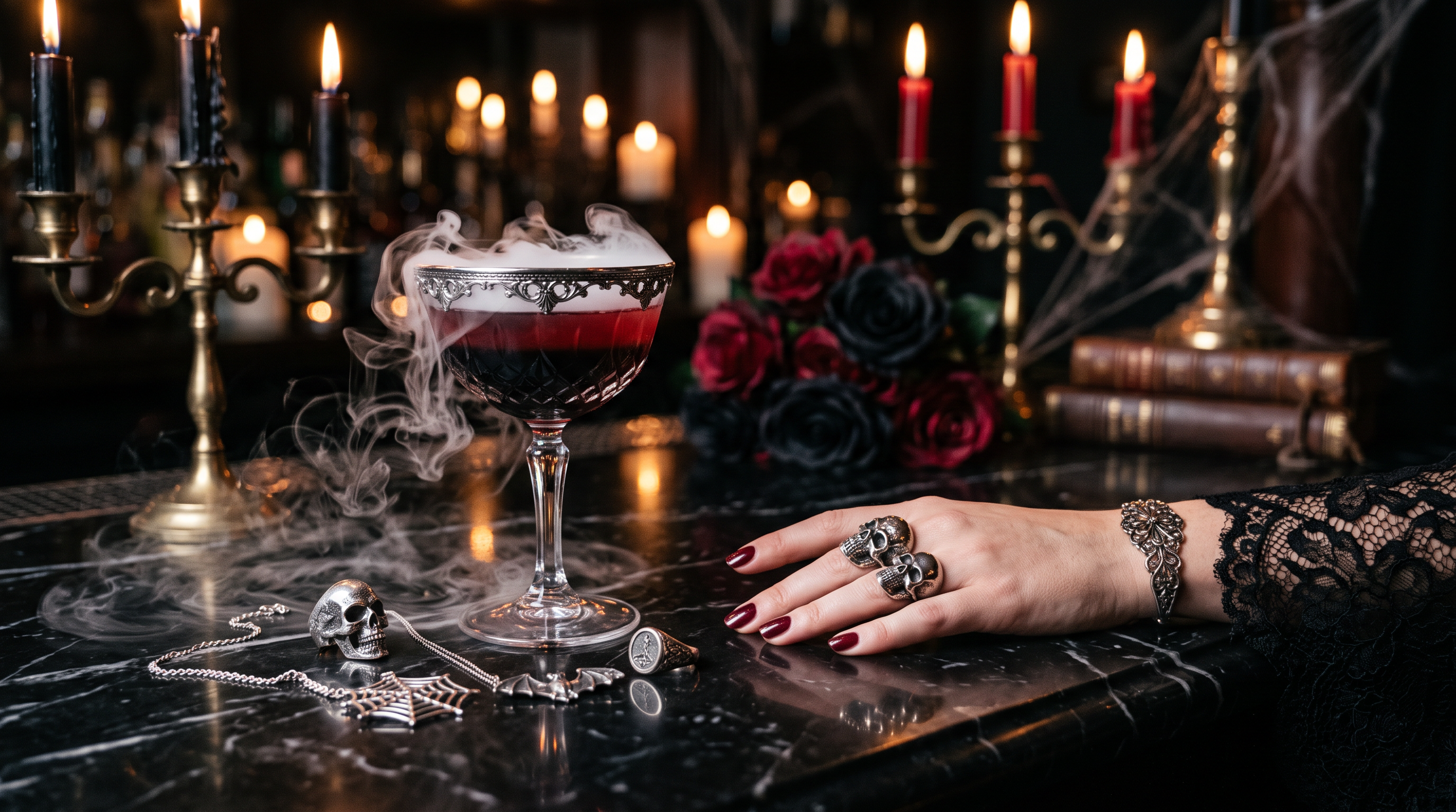 Symbolbild (KI-generiert): dampfender schwarz-roter Halloween-Cocktail an der Bar, daneben Totenkopfring, Spinnennetz-Anhänger und eine Hand mit Skull-Ringen
