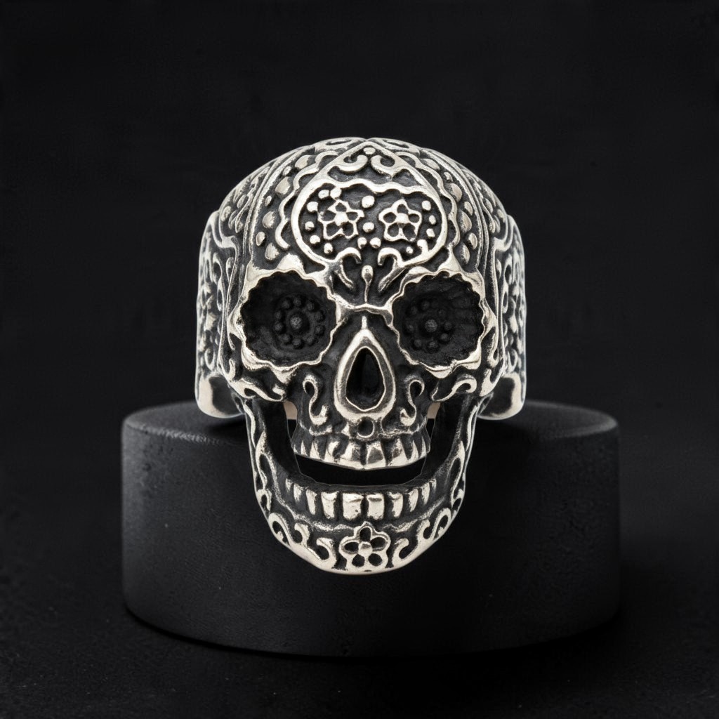 Sugar-Skull-Ring aus Edelstahl, Vorderansicht mit verzierten Augenhöhlen