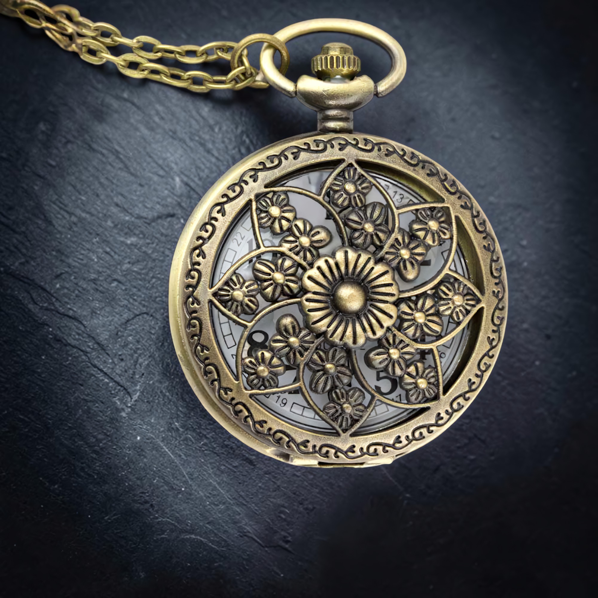 Kettenuhr Vintage Flower Taschenuhr Blume mit Kette Bronze Retro Uhr