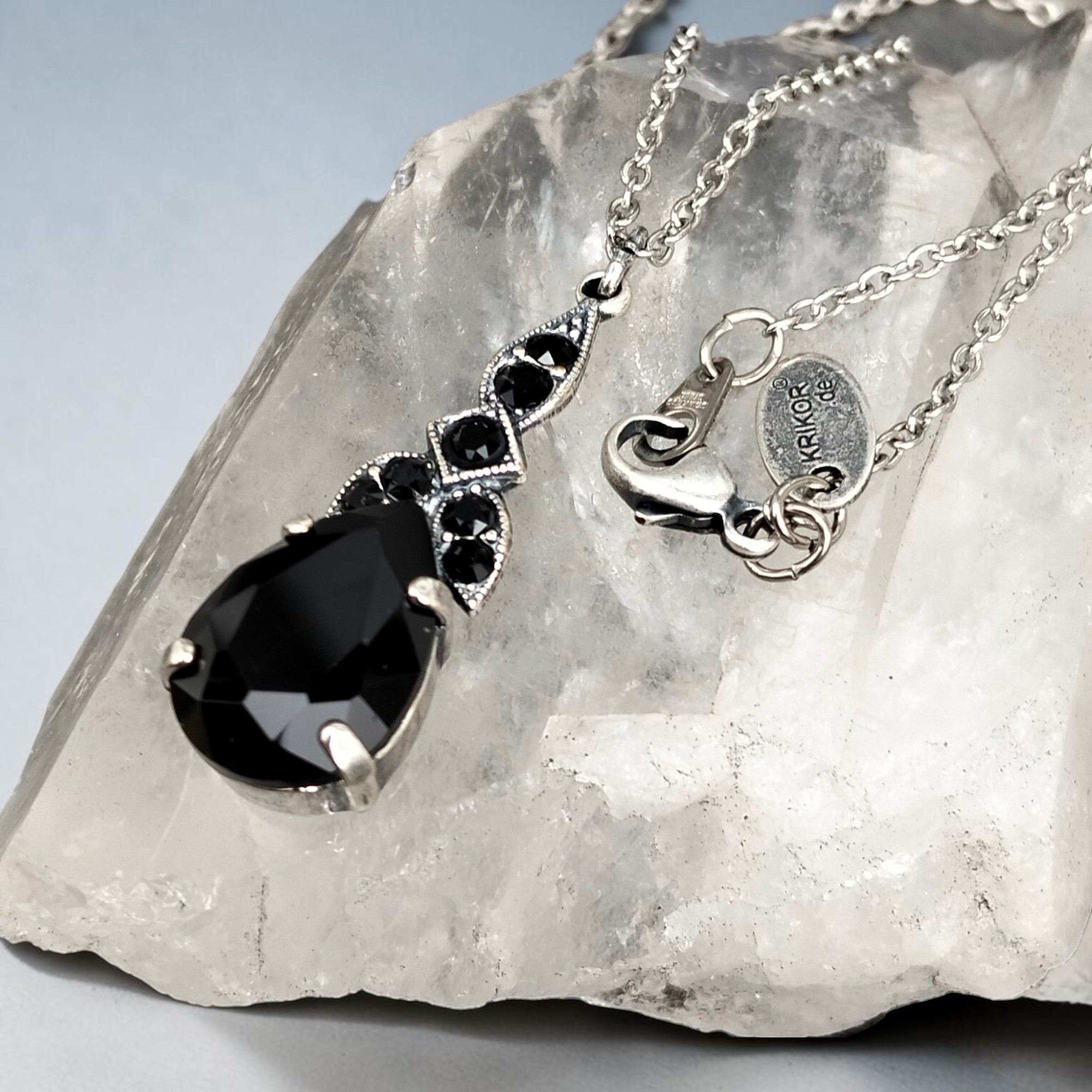 Halskette Glitzertropfen Black (schwarz) - Kristallglas, versilbert