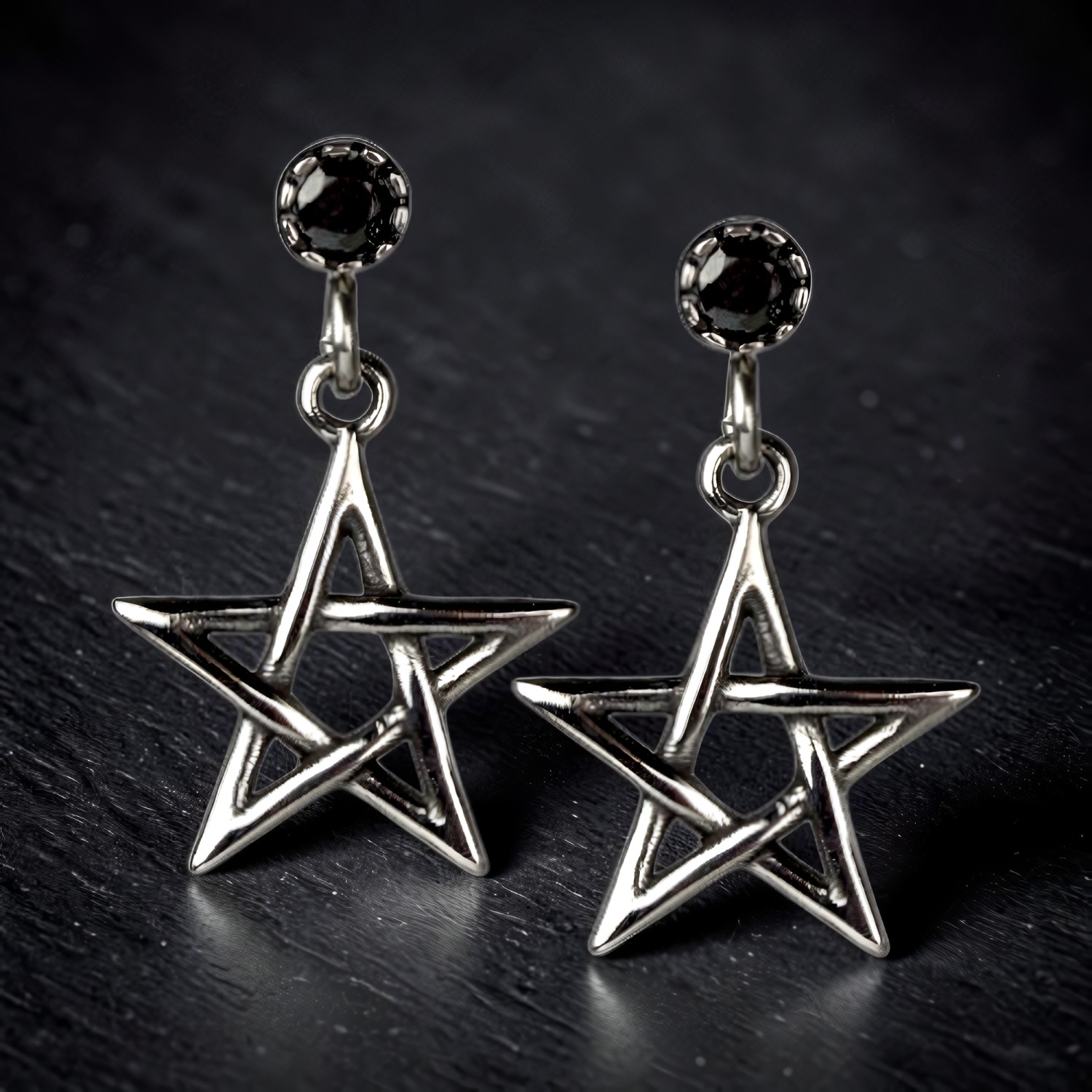 Edelstahlohrringe Pentagramm mit schwarzem Zirkonia