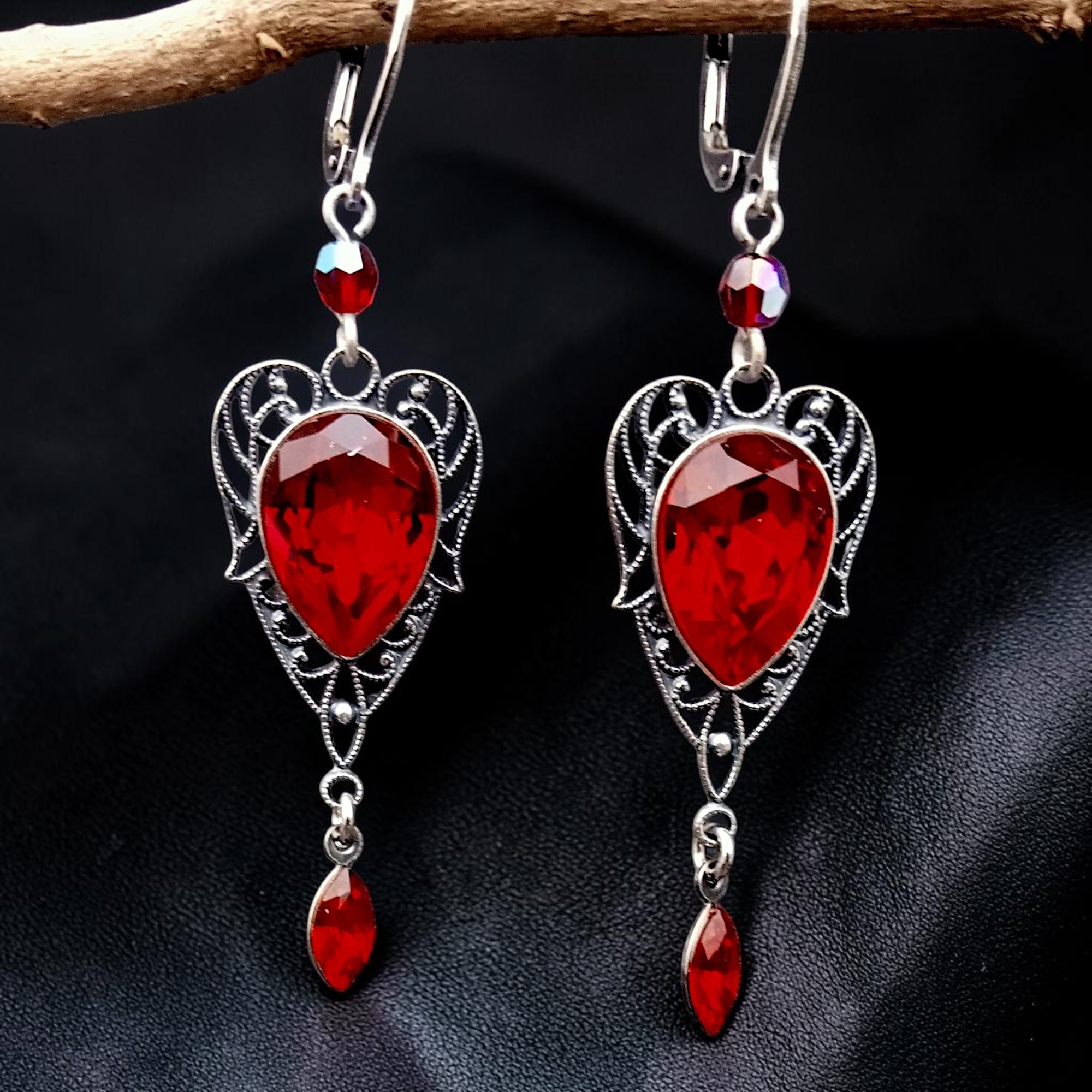 Silberne Tropfen-Ohrringe in Rot Vintage-Schmuck von KRIKOR
