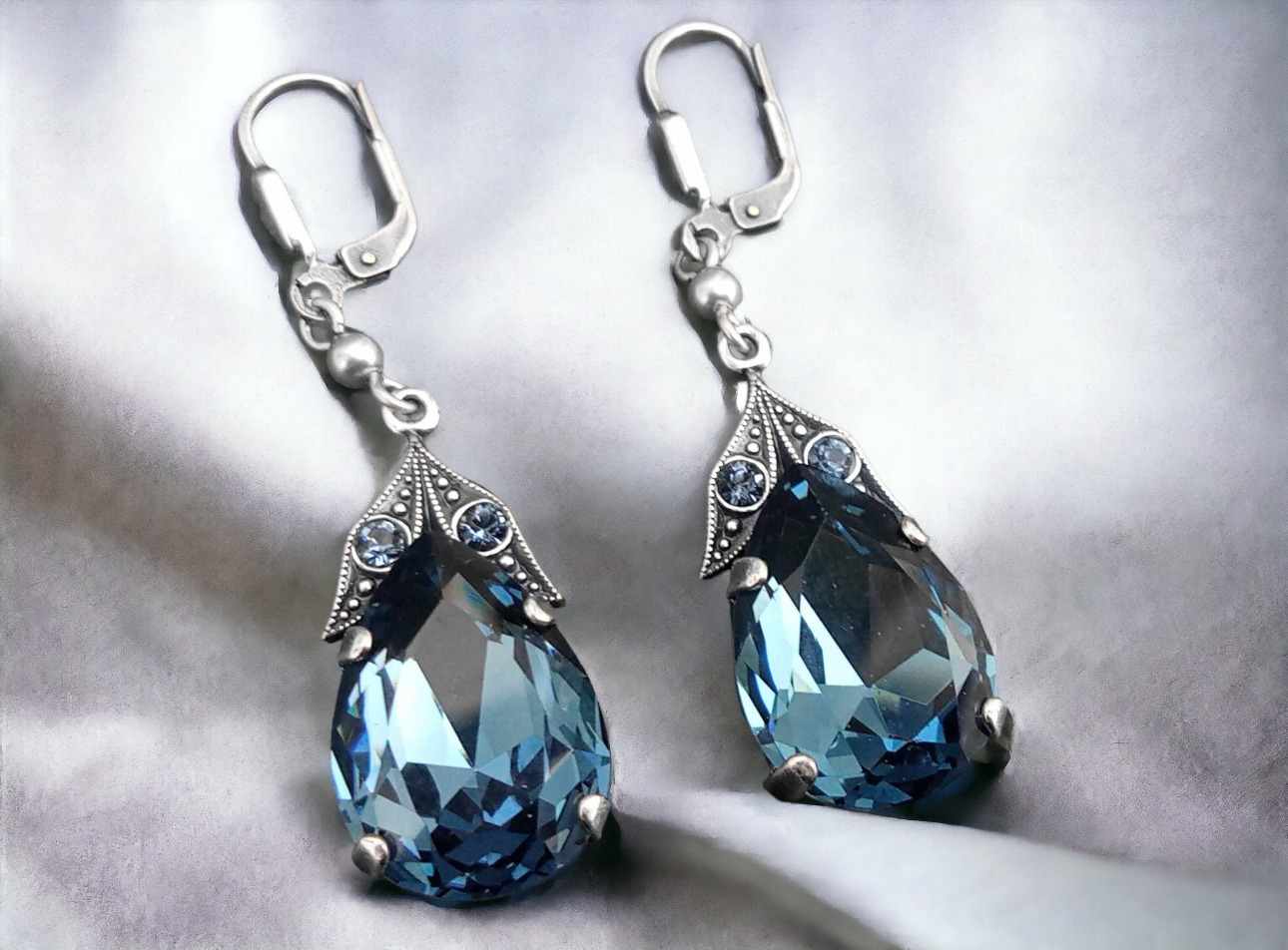 Ohrhänger Barock Tropfen Silber mit blauen Steinen Kristall Ohrringe Denim Blue