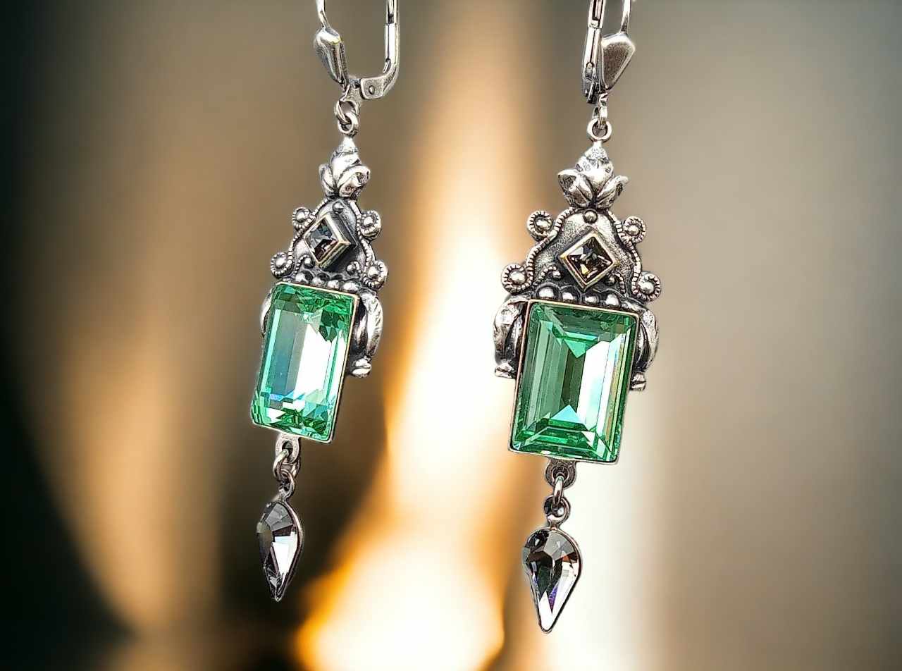 Vintage Ohrringe silber mit grünen und grauen Steinen Kristall Ohrhänger Erinte