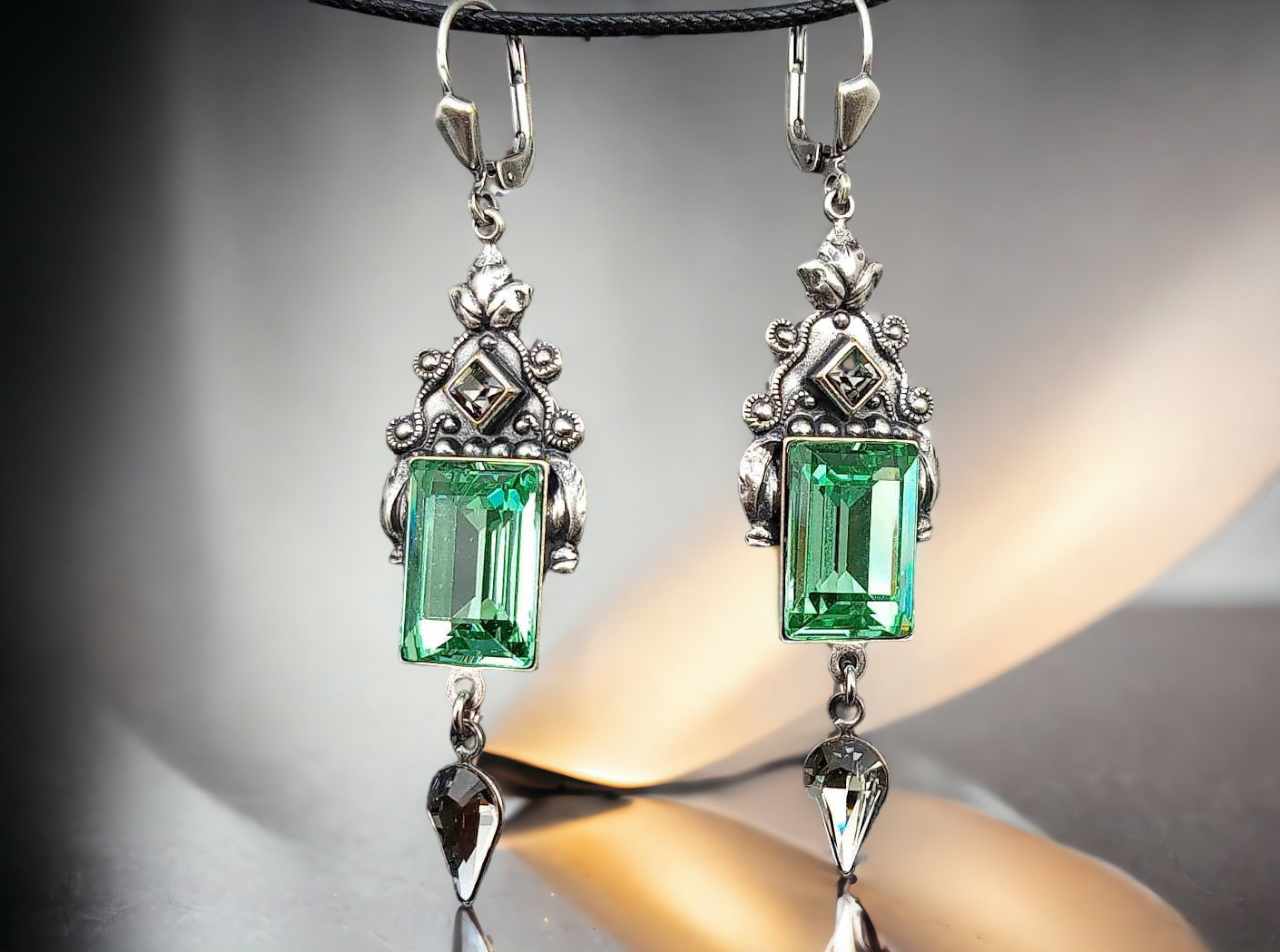 Art Déco Ohrringe silber mit grünen und grauen Steinen Kristall Ohrhänger Vintage Erinte