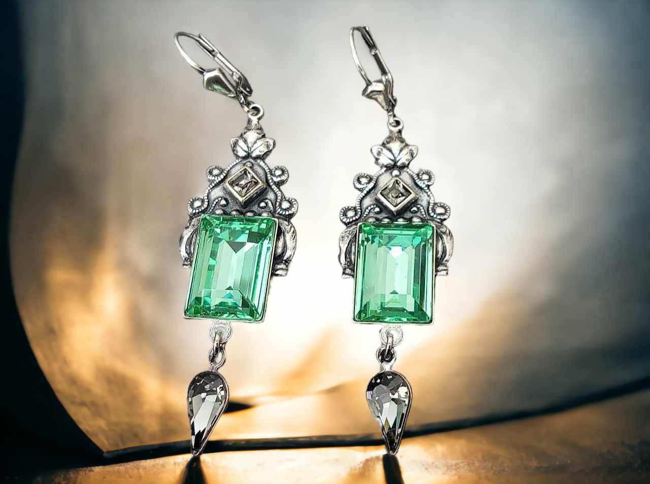 Vintage Ohrringe silber mit grünen und grauen Steinen Kristall Ohrhänger Erinte
