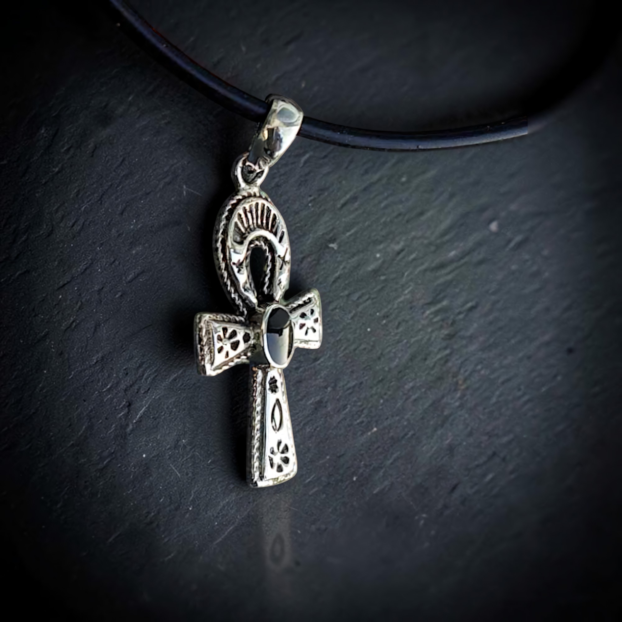 Ankh Anhänger 925 Silber mit schwarzem Stein Onyx Henkelkreuz