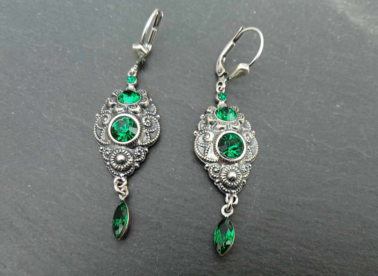 Vintage Ohrringe silber mit grünem Kristallglas Ohrhänger Tombak versilbert
