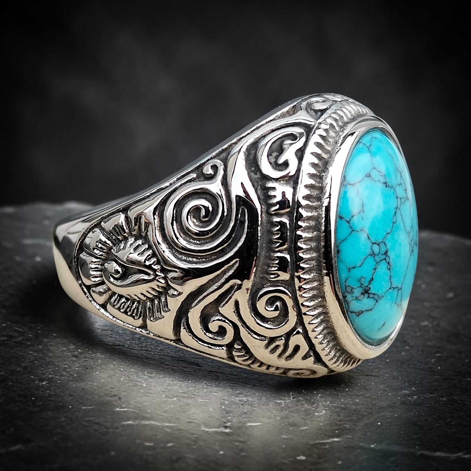 Ring Großer Türkis aus Edelstahl, silberfarben mit türkisfarbenem Zirkonia