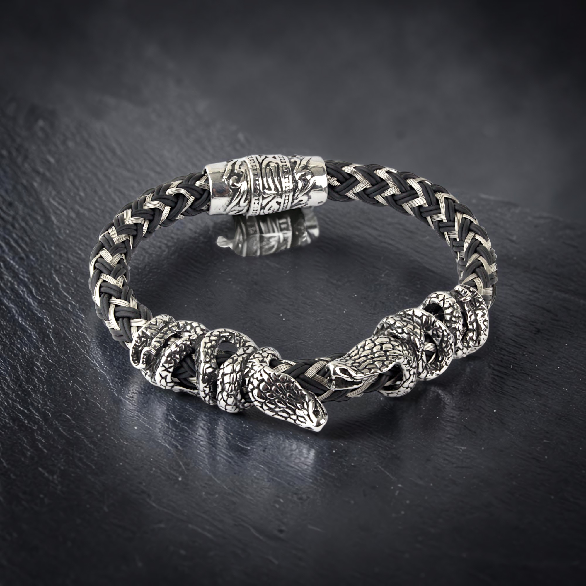 Armband Schlange Kobra schwarz silber Edelstahl mit Leder