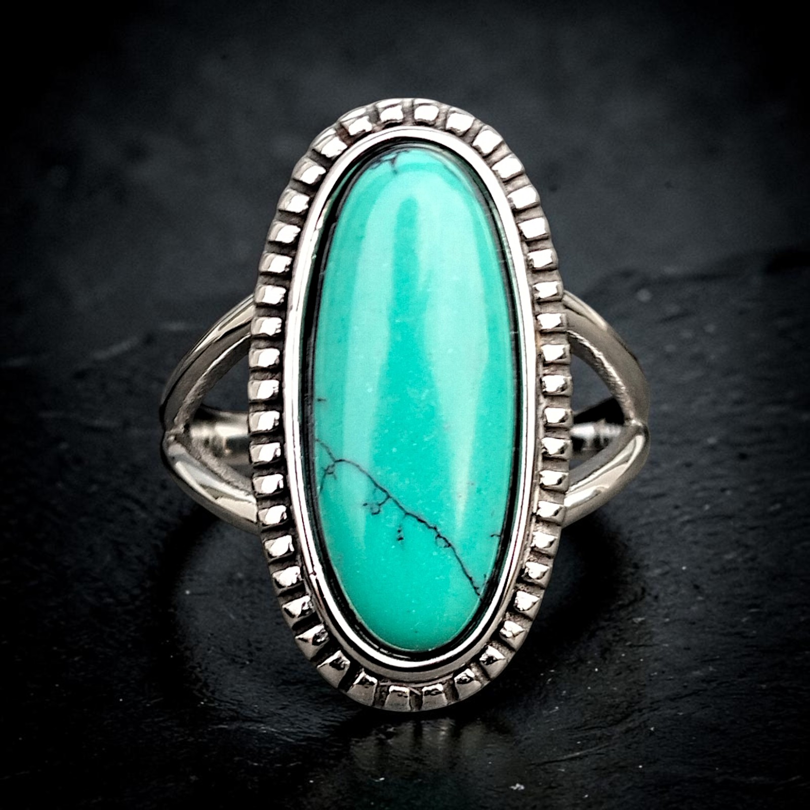 Ring Langer Türkis aus Edelstahl, silberfarben mit türkisfarbenem Zirkonia