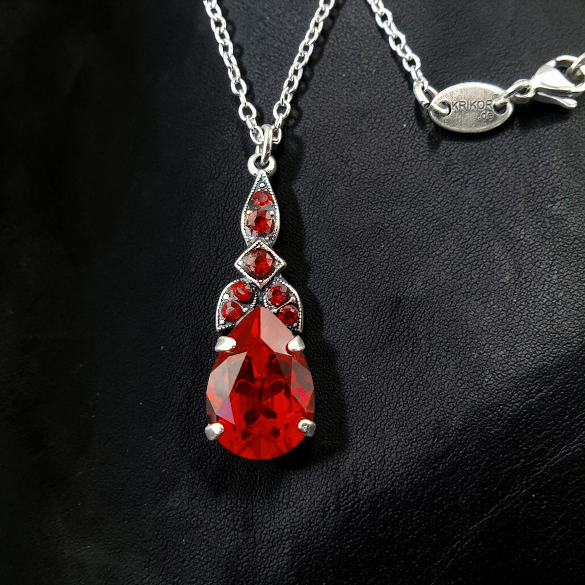 Halskette Glitzertropfen Rot – Silber Anhänger Vintage