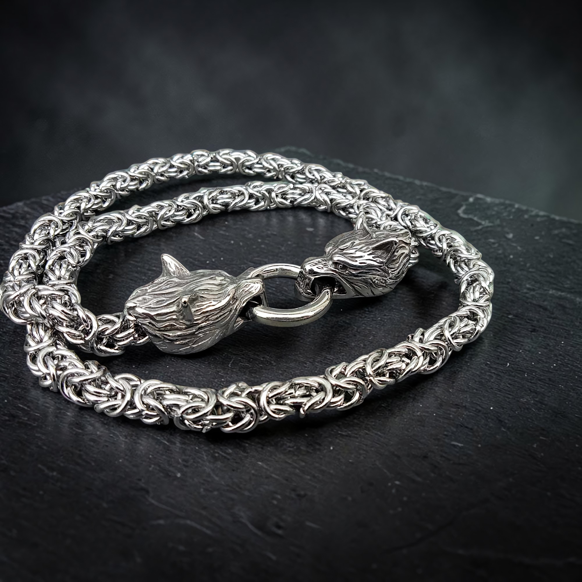 Wolf Halskette mit zwei Wolfsköpfen silber - Edelstahl Kette